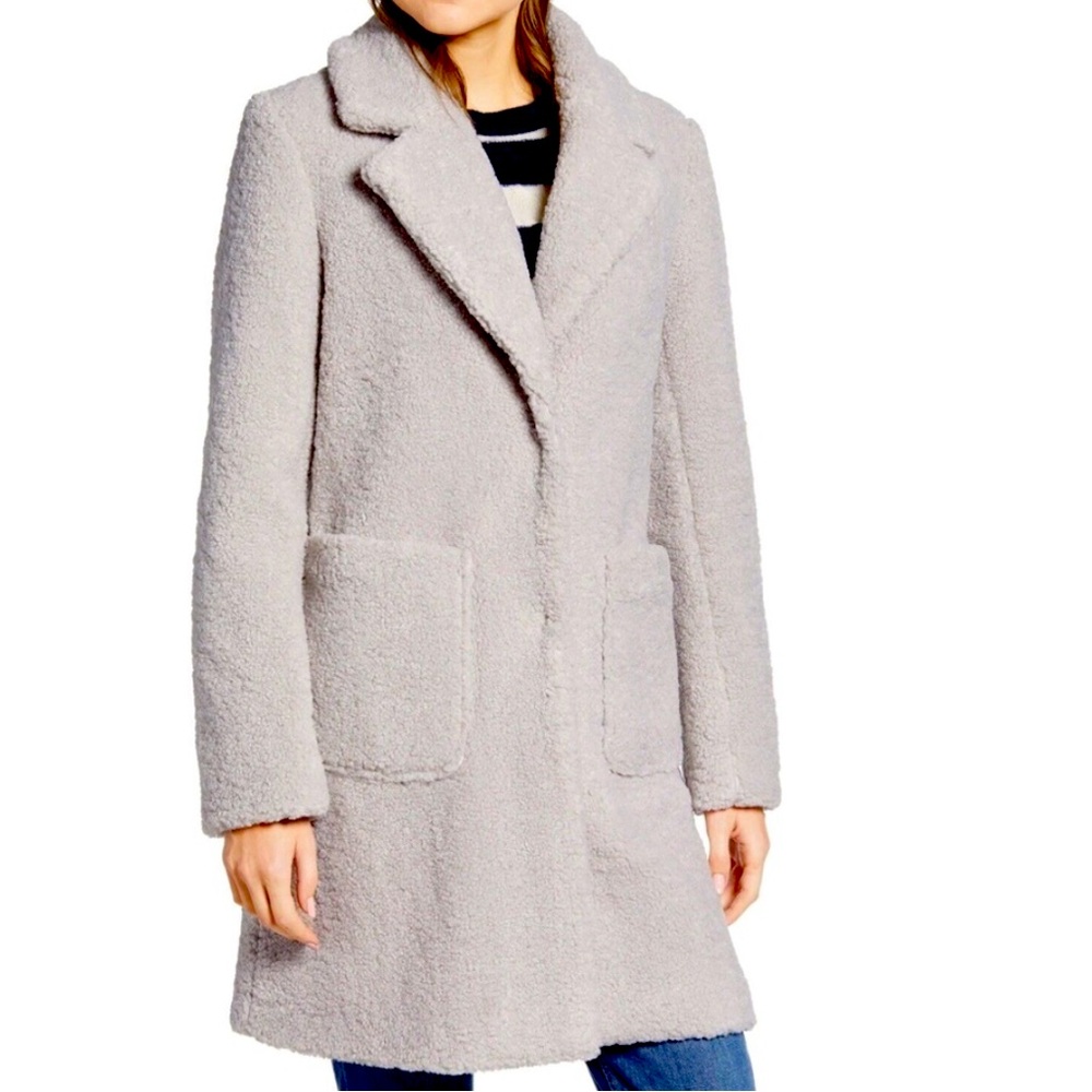 French Connection Womens Faux Shearling Teddy Lapel Midi Coat - gray - Picture 1 of 4